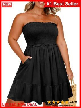 Strapless Smocked Swim Cover Up Dress Ruffle Hem Pockets Beach Pool